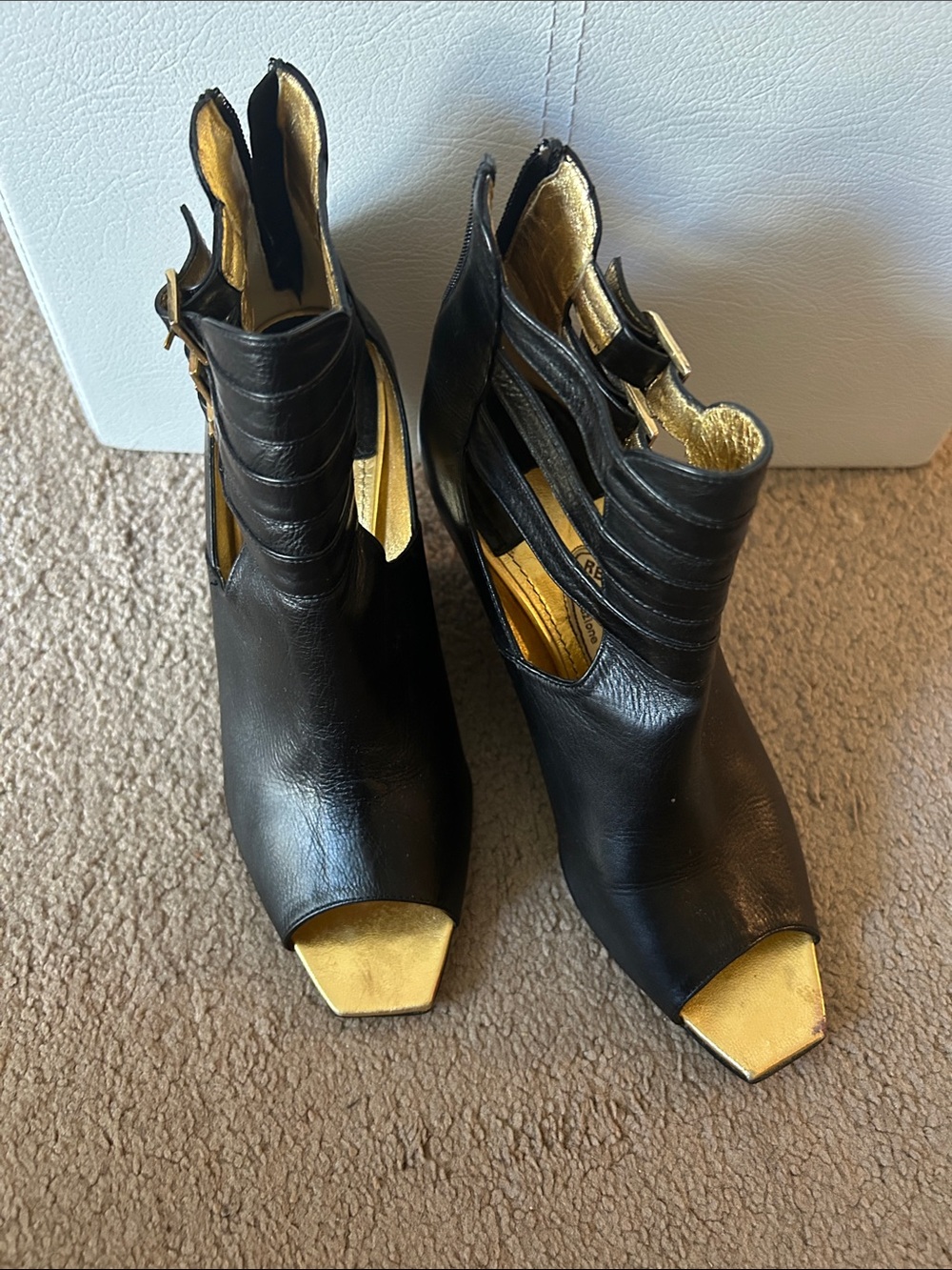 Black & Gold Peep-Toe Cutout Ankle Heels - Women's Fashion